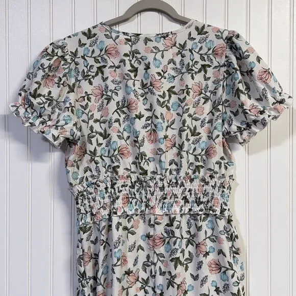 NWT GOGO Time To Bloom Floral White Cap Sleeve Midi Dress Ruched Tiered - Picture 8 of 9